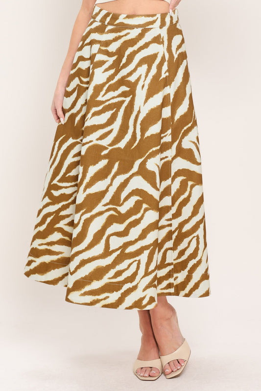 Terra Stripe Woven Midi Skirt in ivory brown, view 1 — Soul Flow Apparel