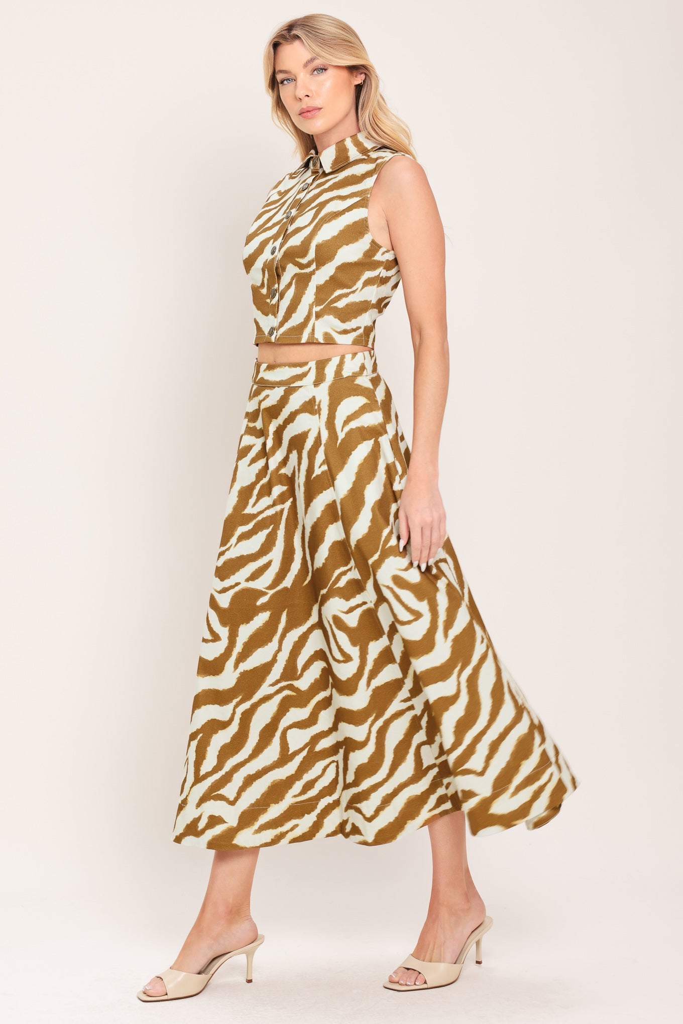 Terra Stripe Woven Midi Skirt in ivory brown, view 2 — Soul Flow Apparel