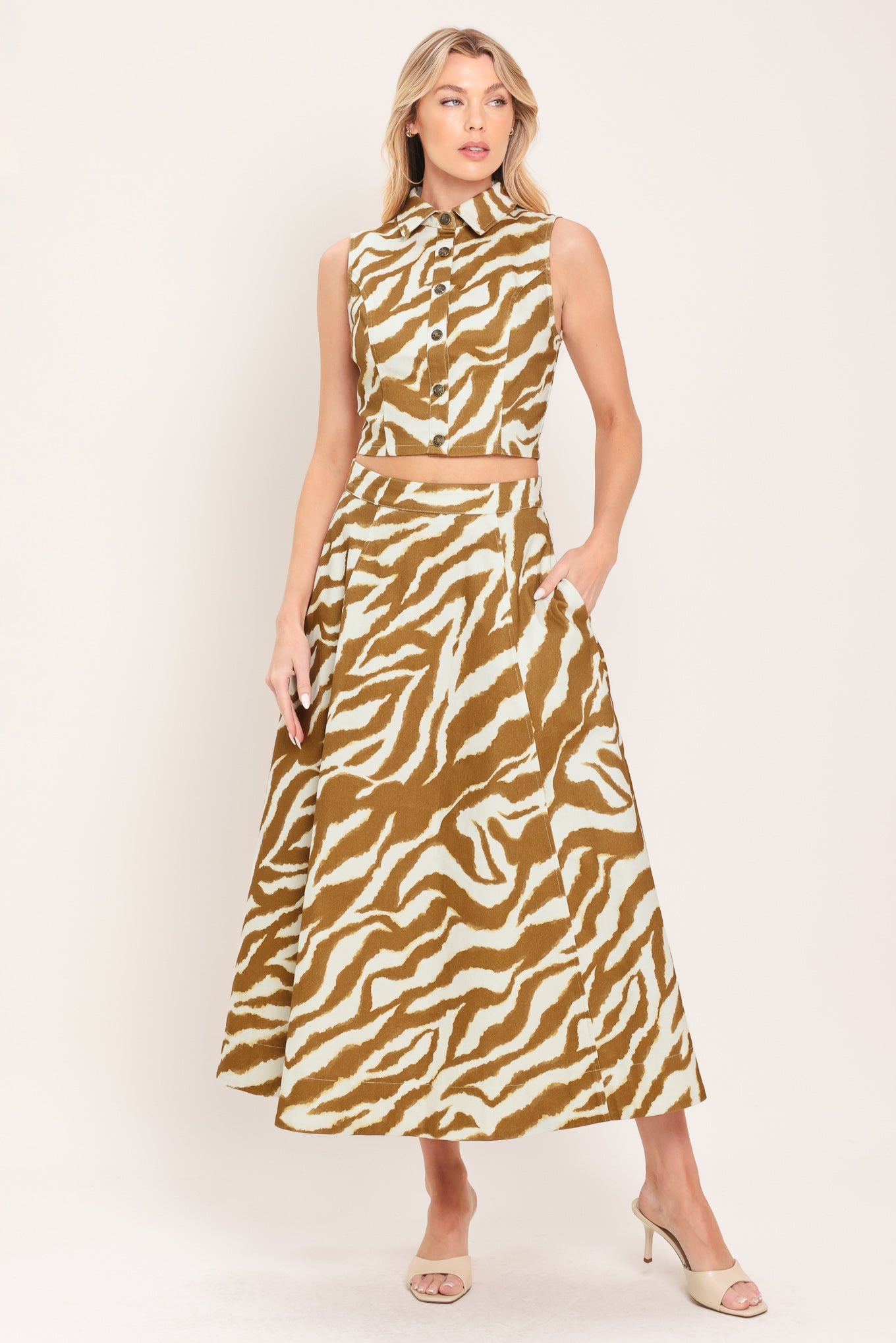 Terra Stripe Woven Midi Skirt in ivory brown, view 5 — Soul Flow Apparel