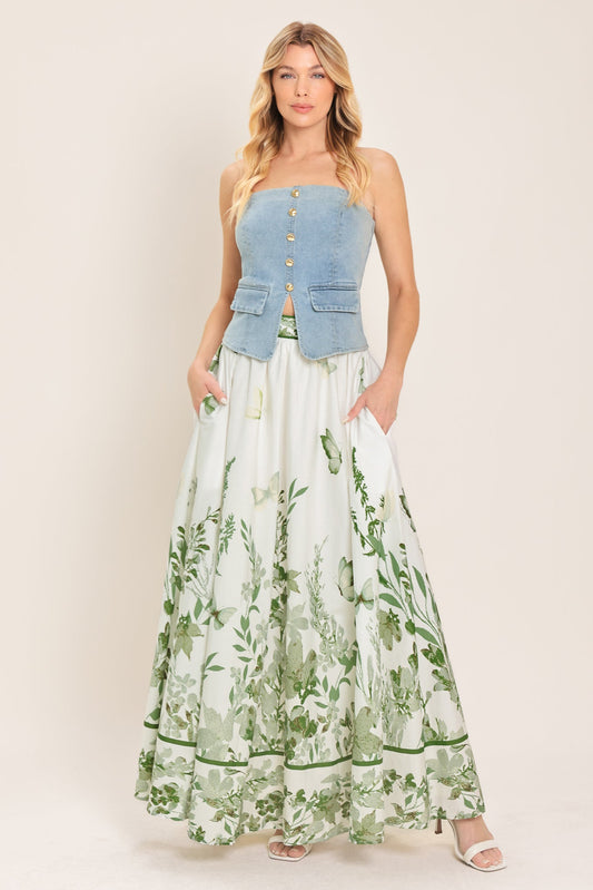 Greenhouse Romance Woven Maxi Skirt in ivory sage, view 5 — Soul Flow Apparel