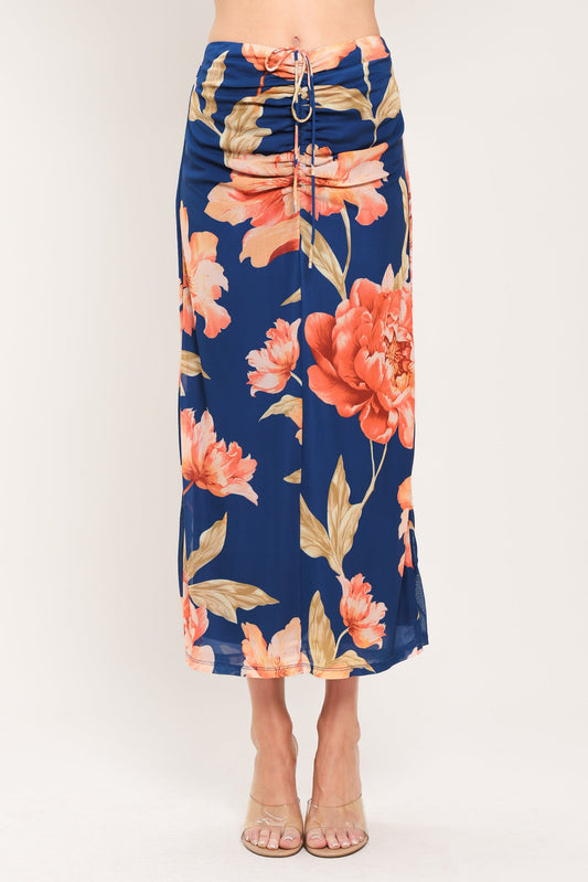 Deep Sea Bloom Power Mesh Midi Skirt in navy, view 1 — Soul Flow Apparel