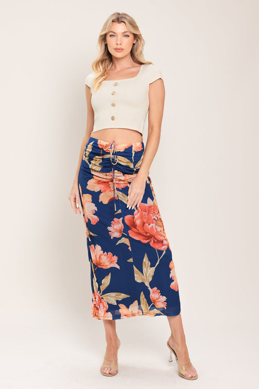Deep Sea Bloom Power Mesh Midi Skirt in navy, view 3 — Soul Flow Apparel