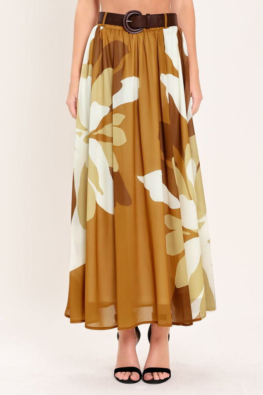 Toffee Tropics Woven Midi Skirt in camel, view 1 — Soul Flow Apparel