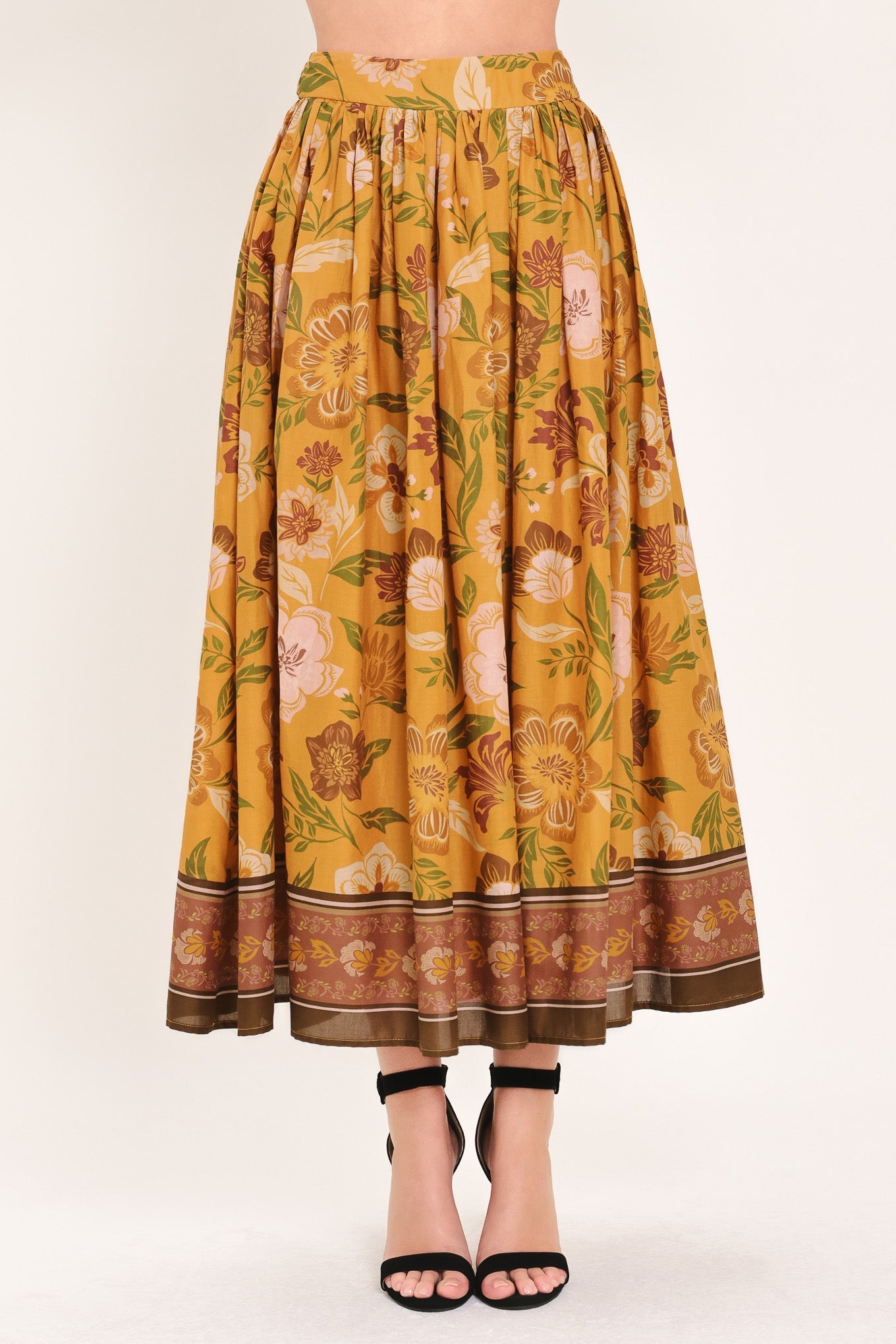 Sunset Garden Woven Full Midi Skirt in mustard, view 1 — Soul Flow Apparel