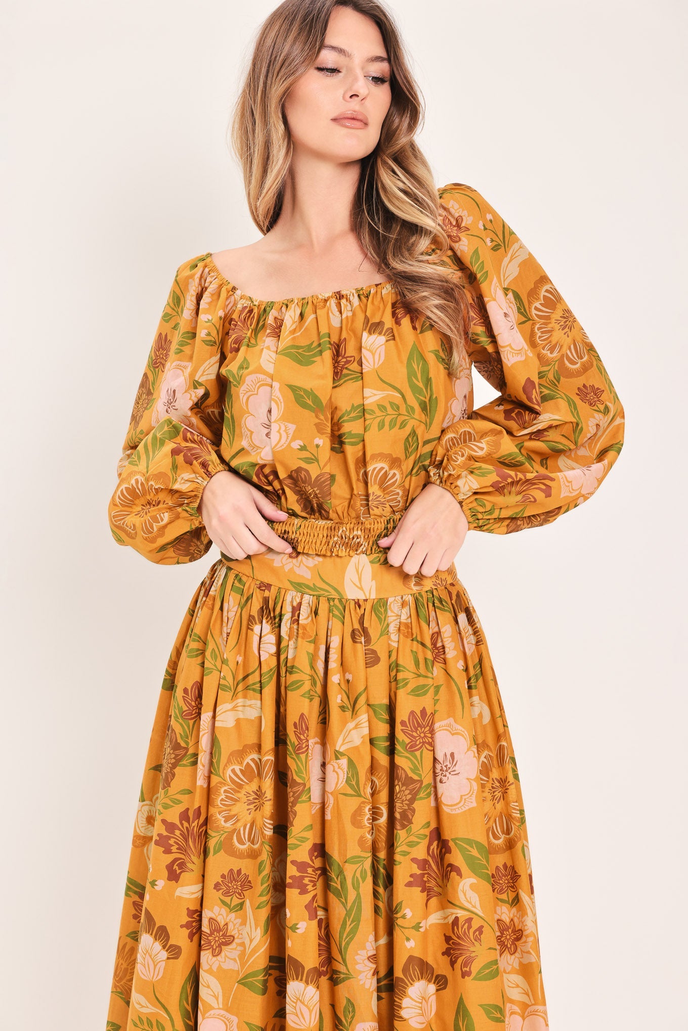 Sunset Garden Woven Full Midi Skirt in mustard, view 3 — Soul Flow Apparel