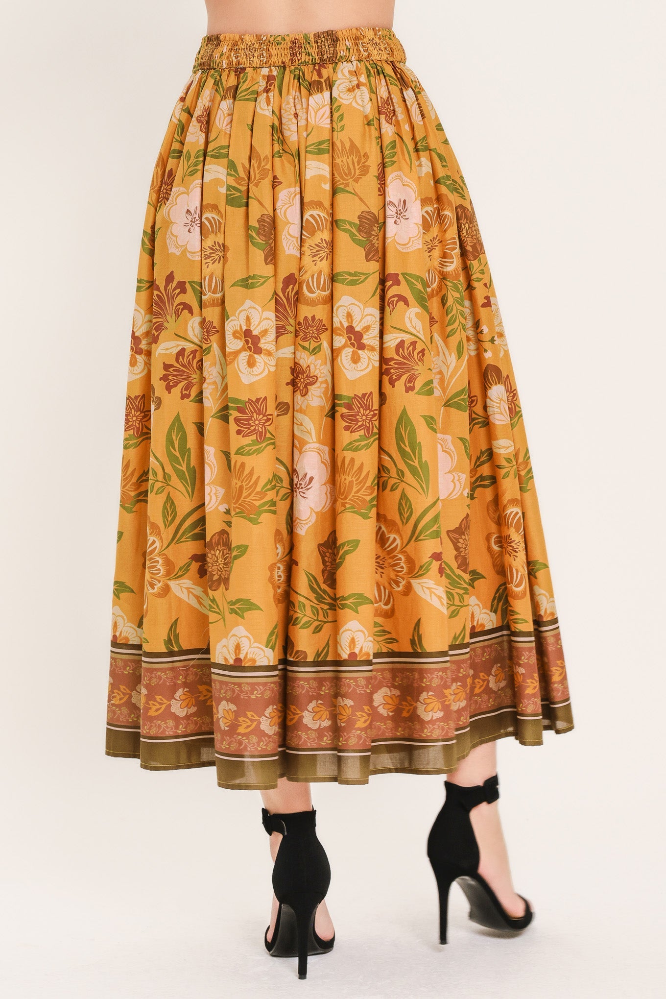 Sunset Garden Woven Full Midi Skirt in mustard, view 4 — Soul Flow Apparel