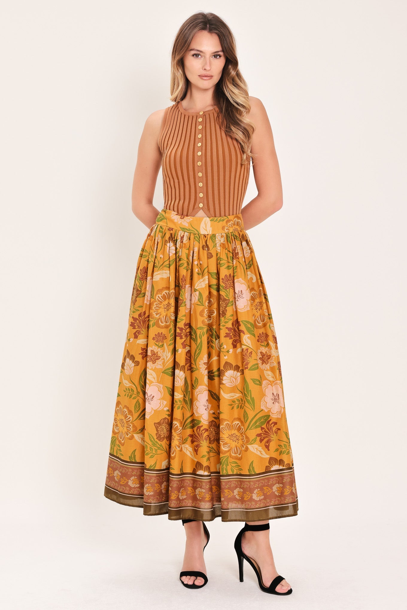 Sunset Garden Woven Full Midi Skirt in mustard, view 5 — Soul Flow Apparel