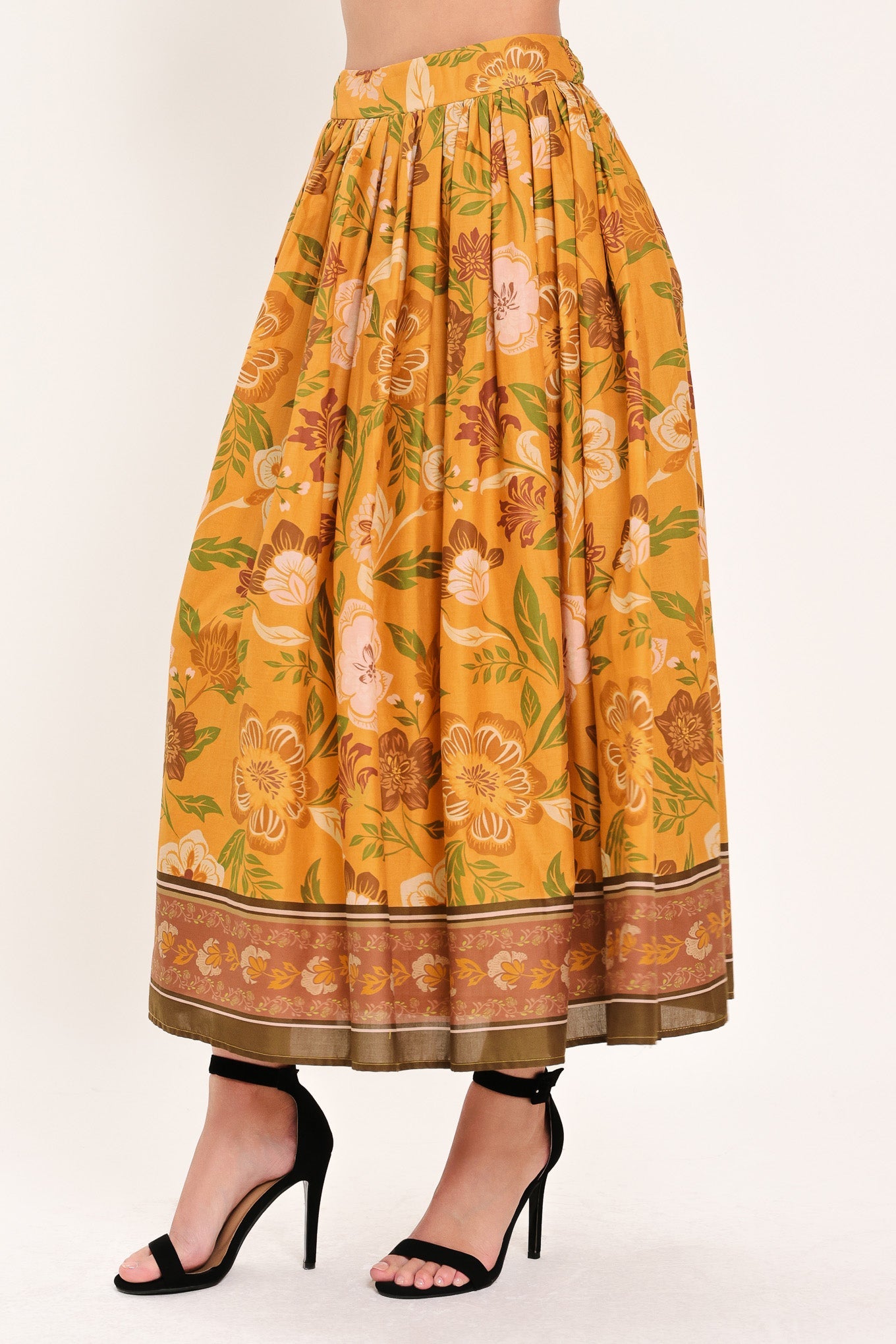 Sunset Garden Woven Full Midi Skirt in mustard, view 6 — Soul Flow Apparel