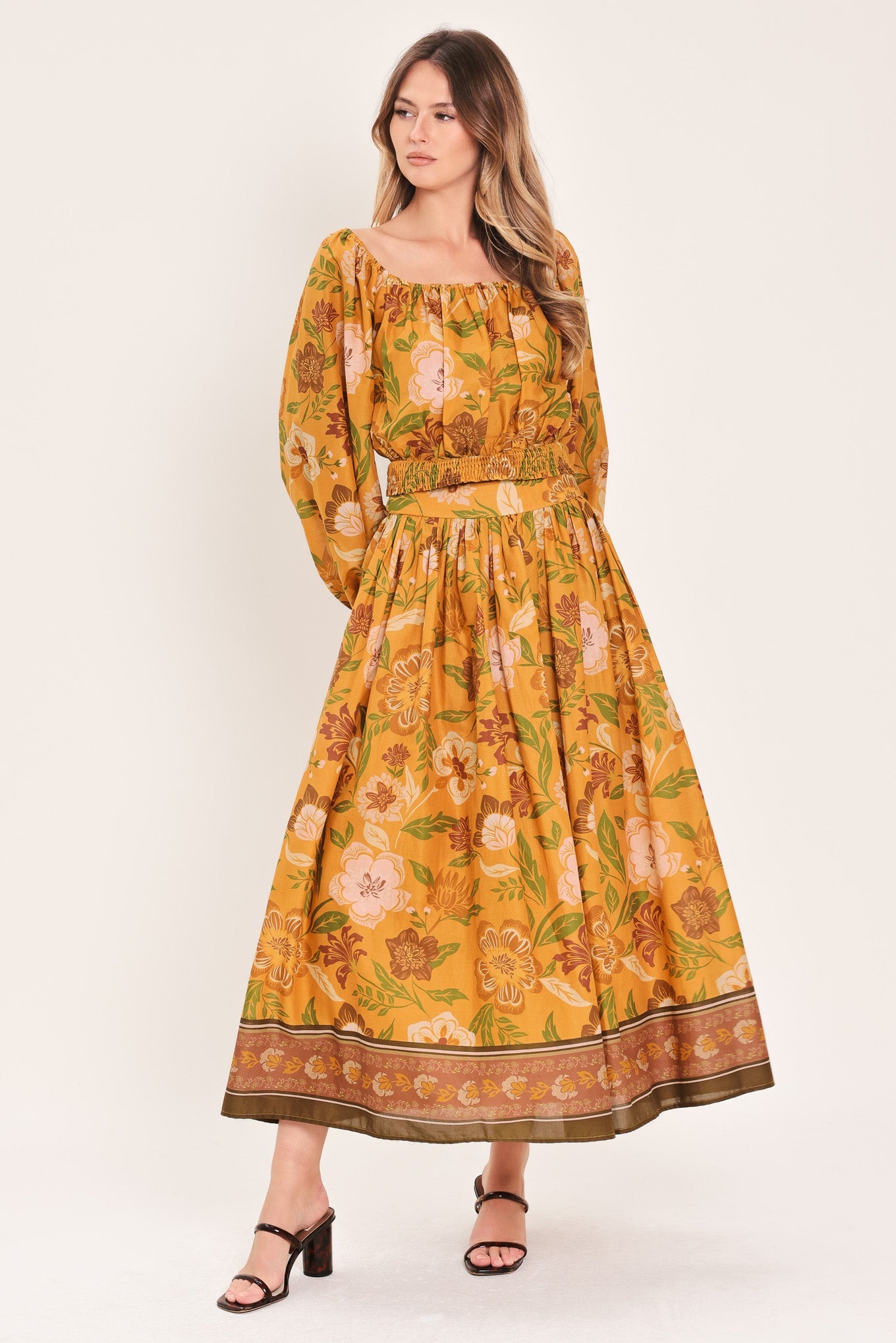 Sunset Garden Woven Full Midi Skirt in mustard, view 7 — Soul Flow Apparel