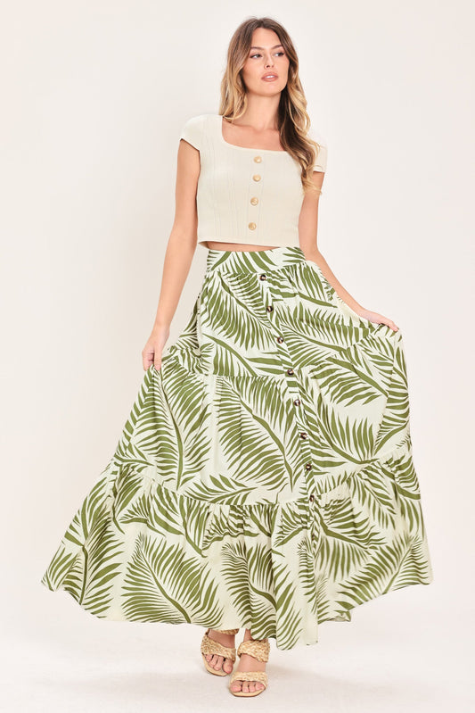 Coastal Canopy Woven Maxi Skirt in olive, view 1 — Soul Flow Apparel