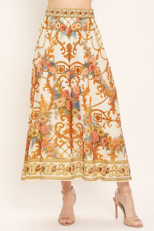 Antique Bloom Woven Midi Circle Skirt in ivory, view 1 — Soul Flow Apparel