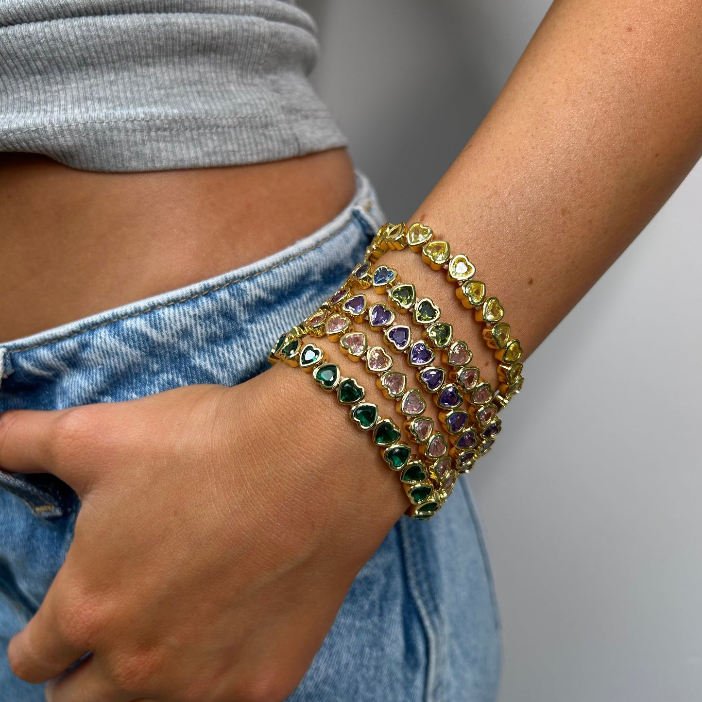 Stretchy Bezel Heart Bracelet Pink, view 921 — Soul Flow Apparel