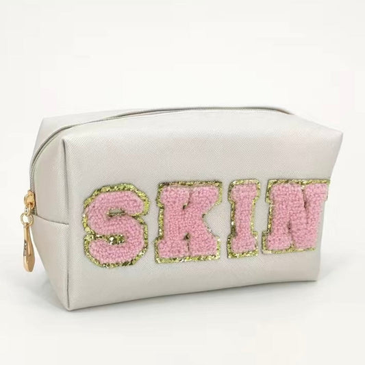 Skin Glam Cosmetic Bag Cream with Pink Letters, view 1250 — Soul Flow Apparel