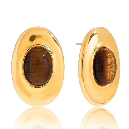 Sedona Tiger Eye Oval Studs, view 7362 — Soul Flow Apparel