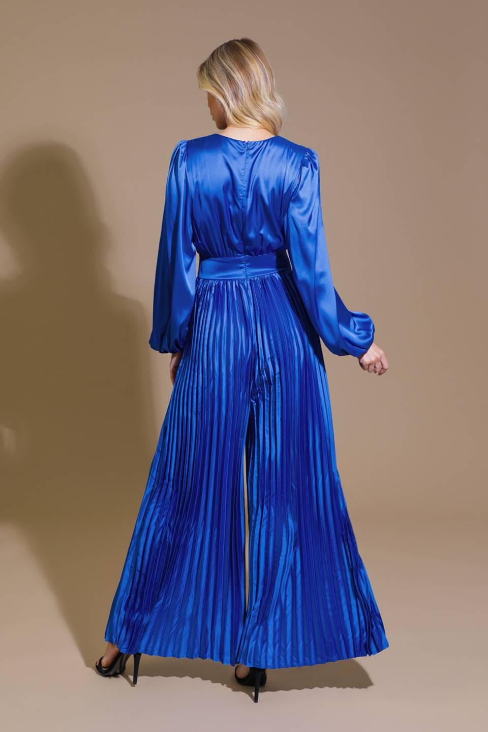 Crushing on You Satin Jumpsuit in bright blue, view 2 — Soul Flow Apparel
