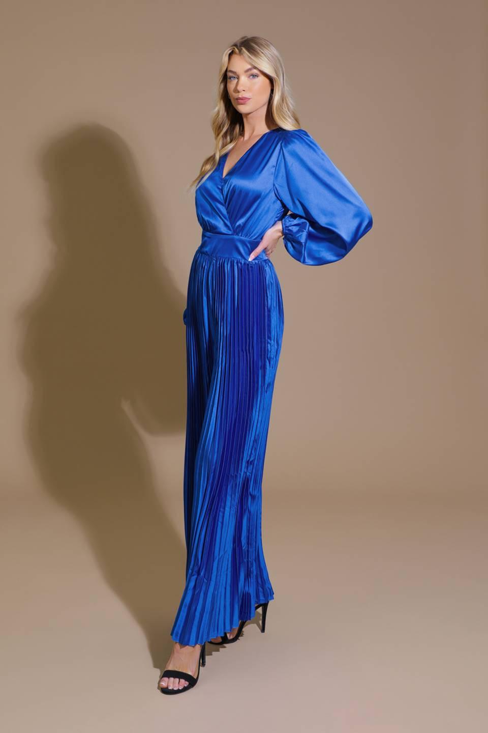 Crushing on You Satin Jumpsuit in bright blue, view 3 — Soul Flow Apparel
