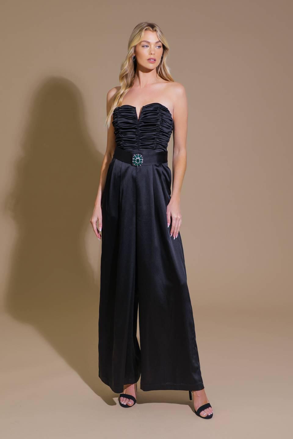 Lost in Your Eyes Woven Jumpsuit with Ruched Bodice and Side Pocket in black, view 1 — Soul Flow Apparel