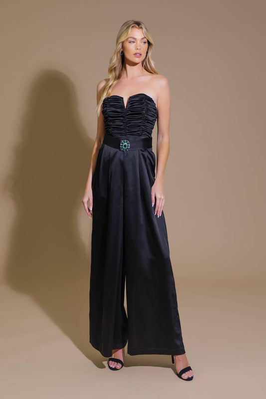 Lost in Your Eyes Woven Jumpsuit with Ruched Bodice and Side Pocket in black, view 1 — Soul Flow Apparel