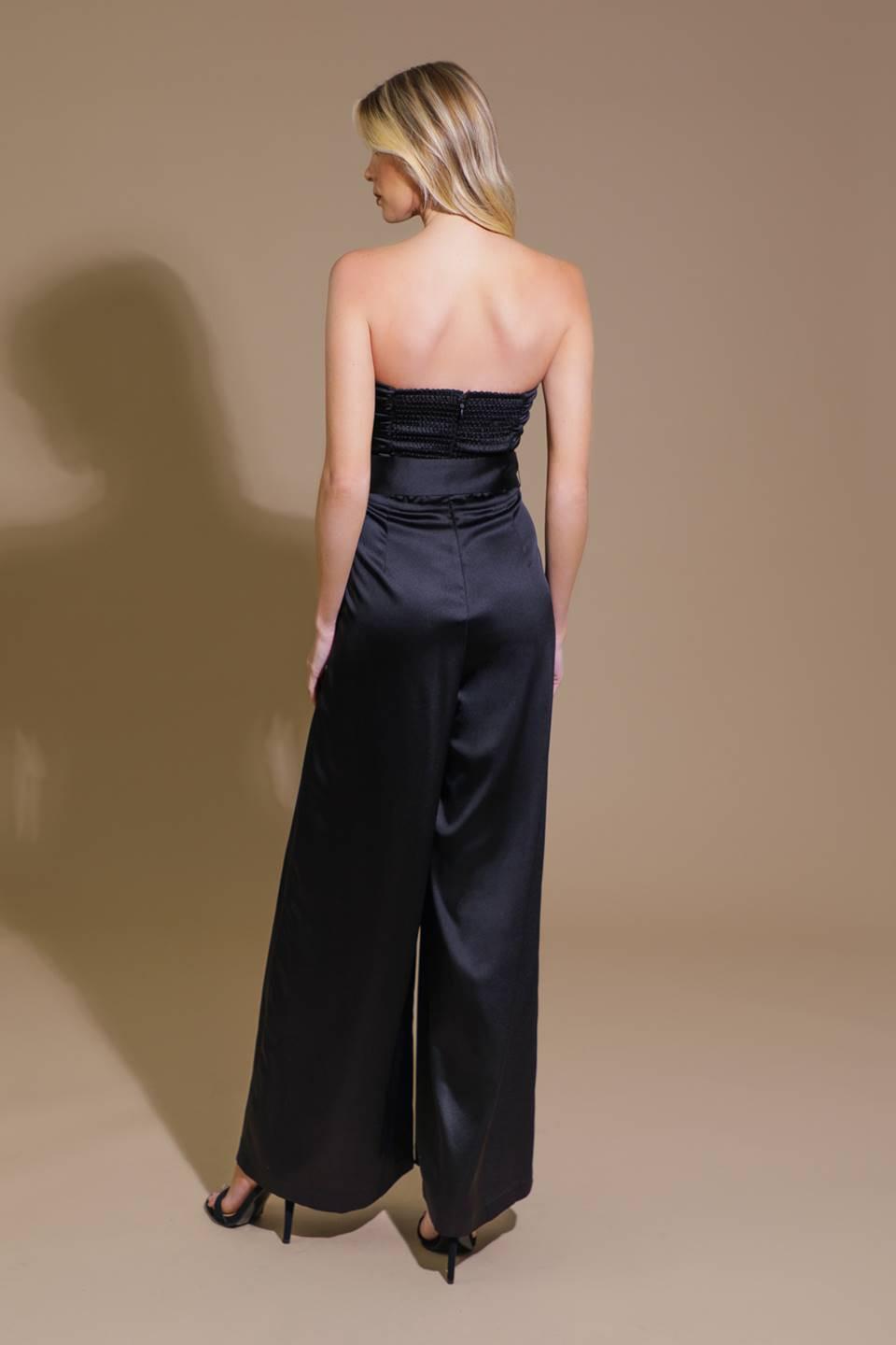 Lost in Your Eyes Woven Jumpsuit with Ruched Bodice and Side Pocket in black, view 2 — Soul Flow Apparel