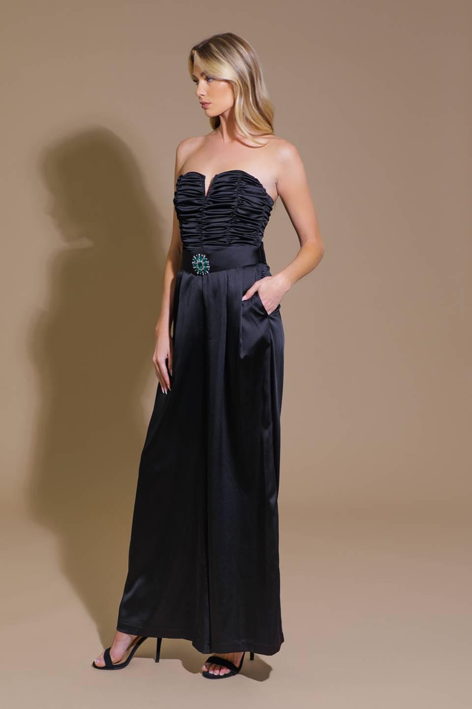 Lost in Your Eyes Woven Jumpsuit with Ruched Bodice and Side Pocket in black, view 3 — Soul Flow Apparel