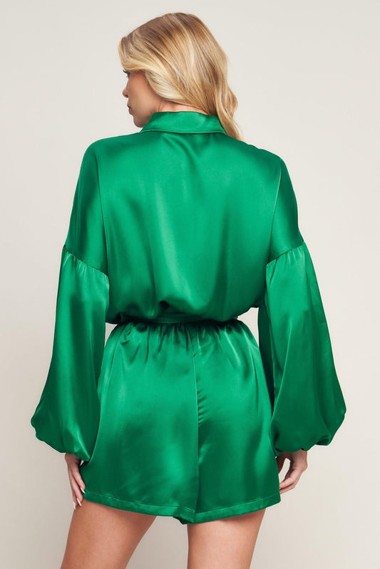 Celebration Time Woven Satin Romper in green, view 3 — Soul Flow Apparel