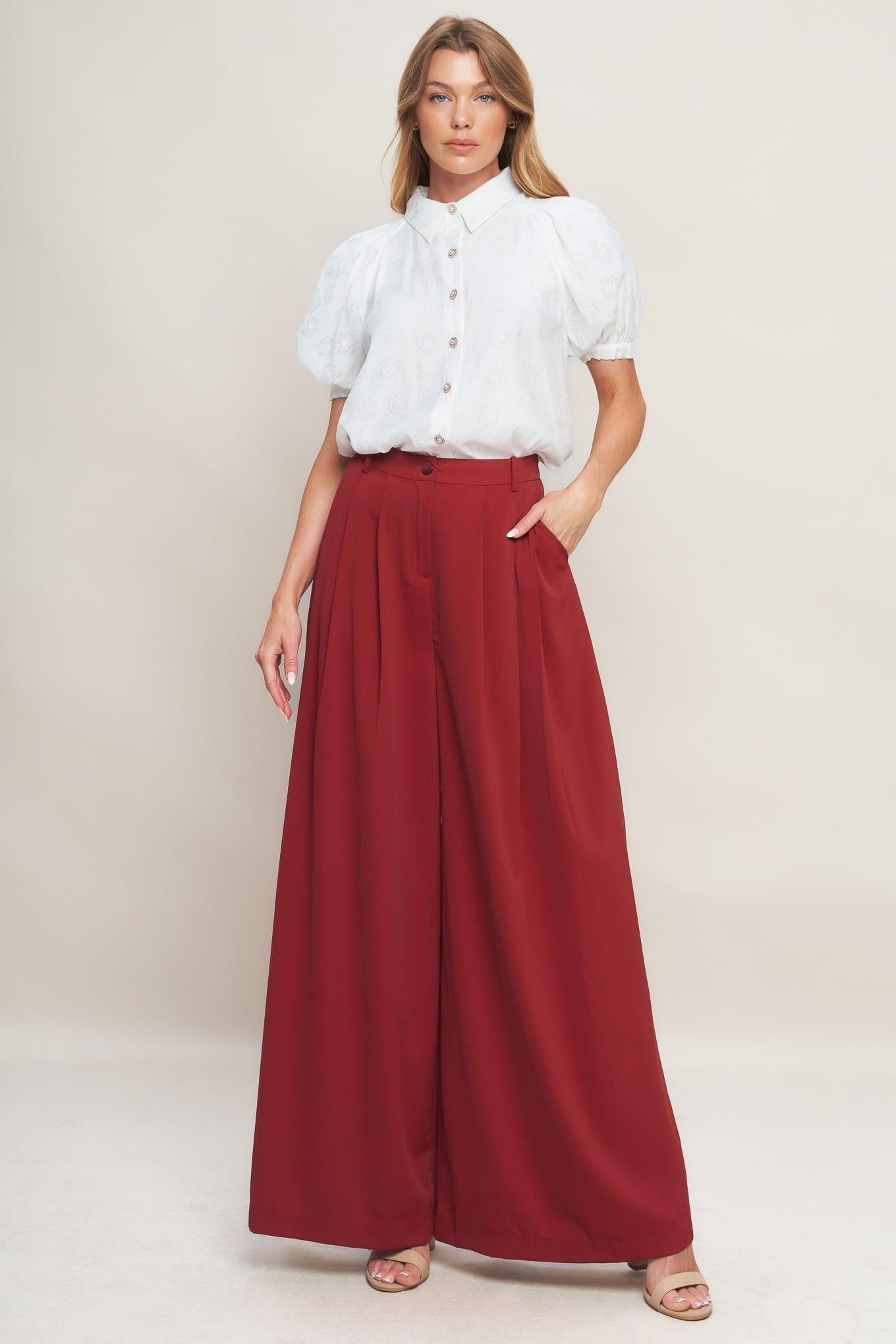 Throw It Back Woven Pants in ruby, view 2 — Soul Flow Apparel