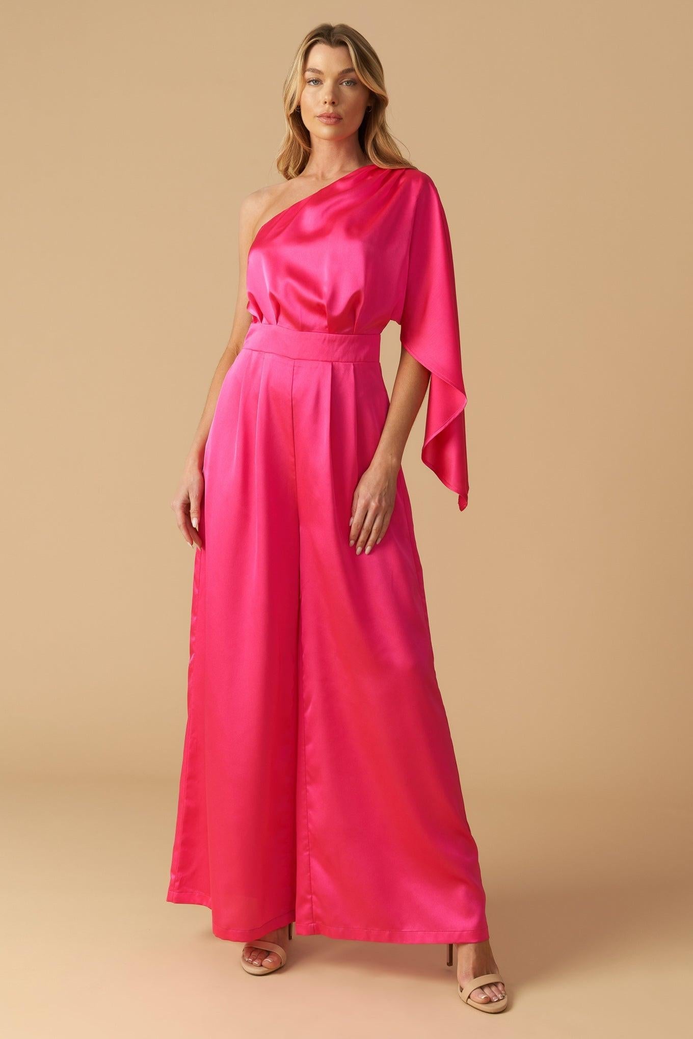 Down Memory Lane Woven Satin Jumpsuit in fuchsia, view 1 — Soul Flow Apparel