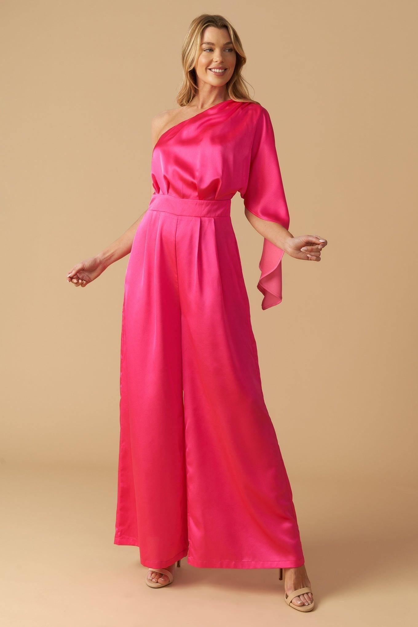 Down Memory Lane Woven Satin Jumpsuit in fuchsia, view 2 — Soul Flow Apparel