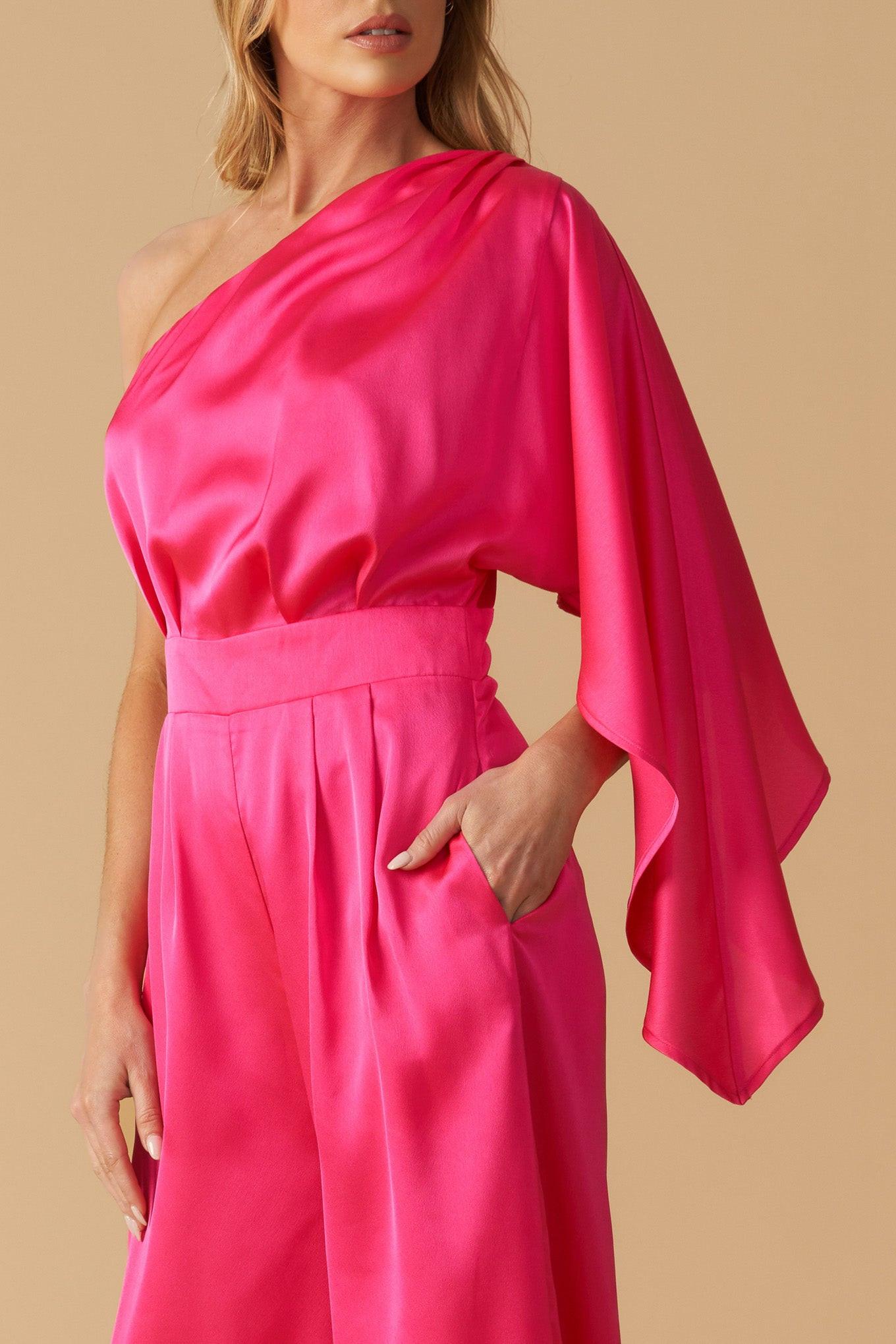 Down Memory Lane Woven Satin Jumpsuit in fuchsia, view 3 — Soul Flow Apparel