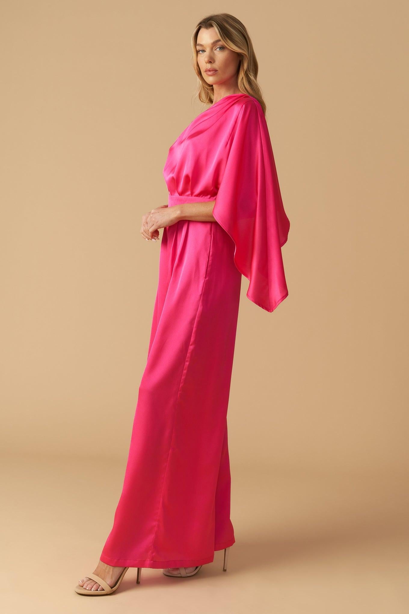 Down Memory Lane Woven Satin Jumpsuit in fuchsia, view 4 — Soul Flow Apparel