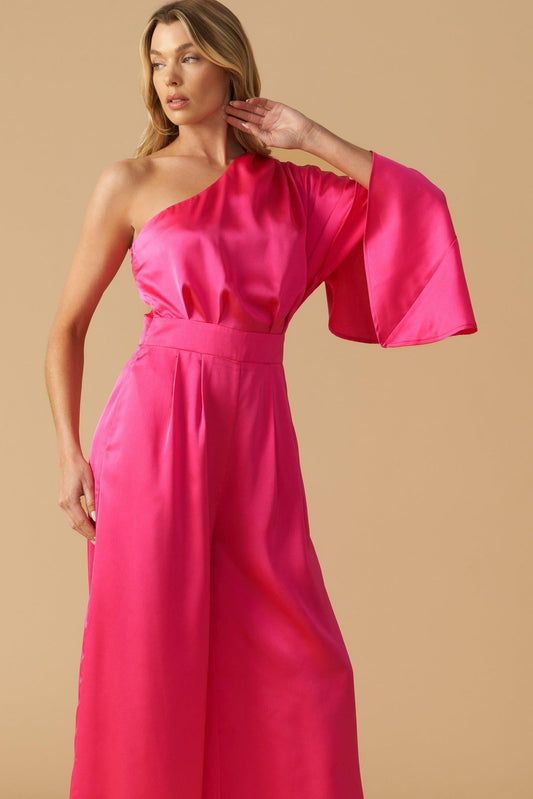 Down Memory Lane Woven Satin Jumpsuit in fuchsia, view 5 — Soul Flow Apparel