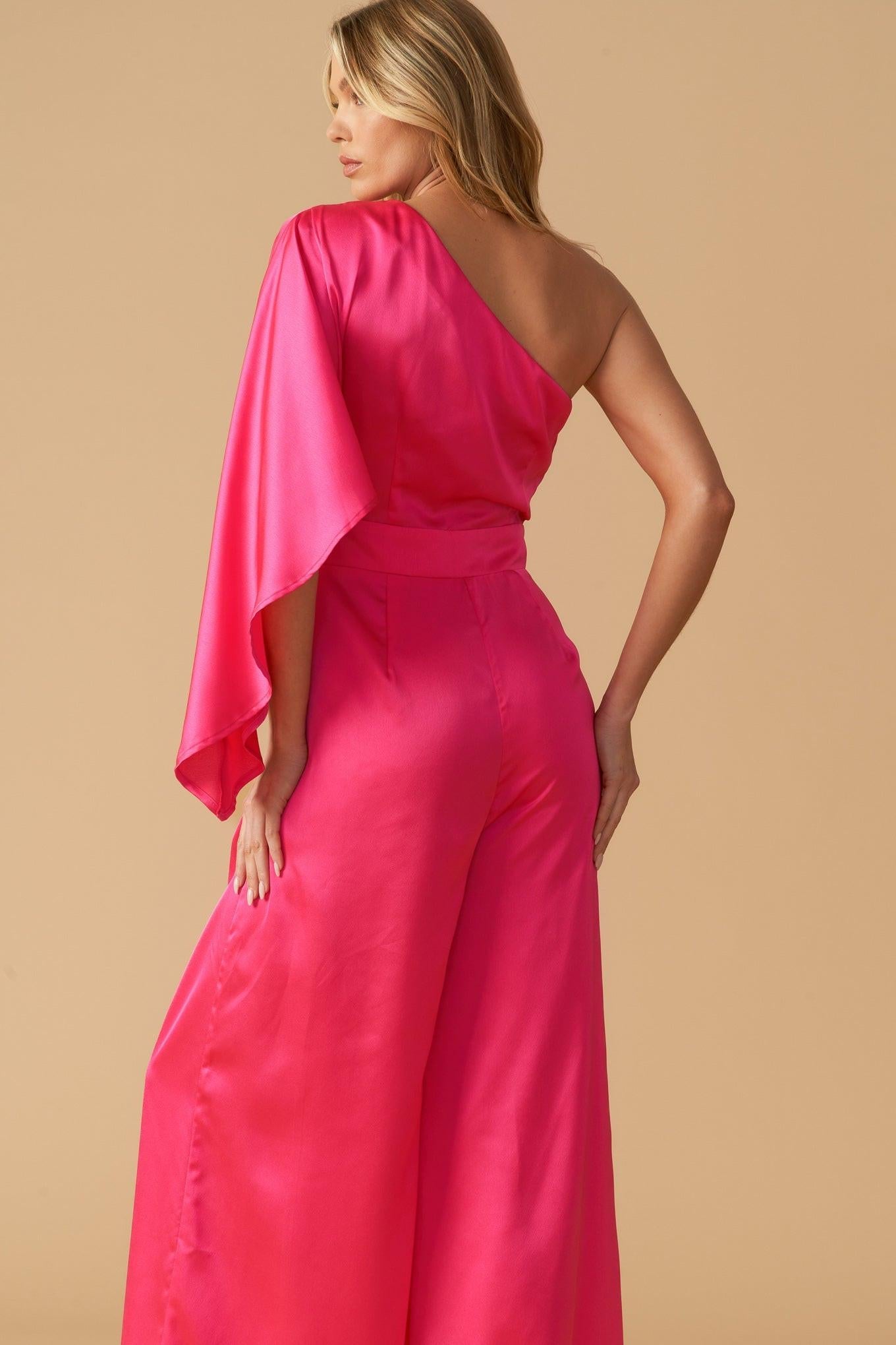 Down Memory Lane Woven Satin Jumpsuit in fuchsia, view 7 — Soul Flow Apparel
