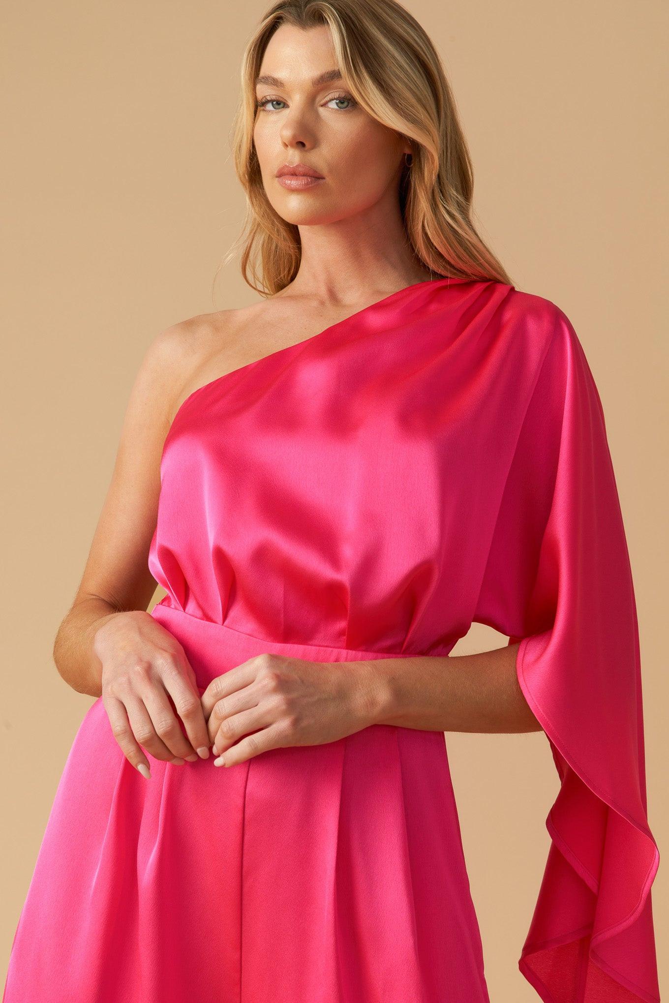 Down Memory Lane Woven Satin Jumpsuit in fuchsia, view 8 — Soul Flow Apparel