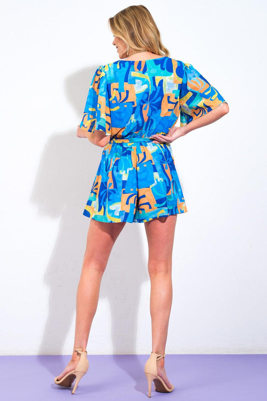 Bimini Periwinkle Woven Romper in navy blue, view 2 — Soul Flow Apparel