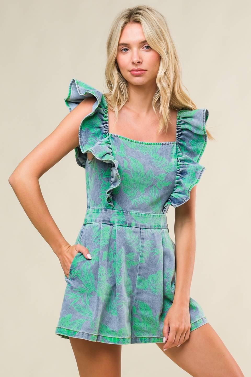 Incredible Love Denim Romper in blue green, view 4 — Soul Flow Apparel