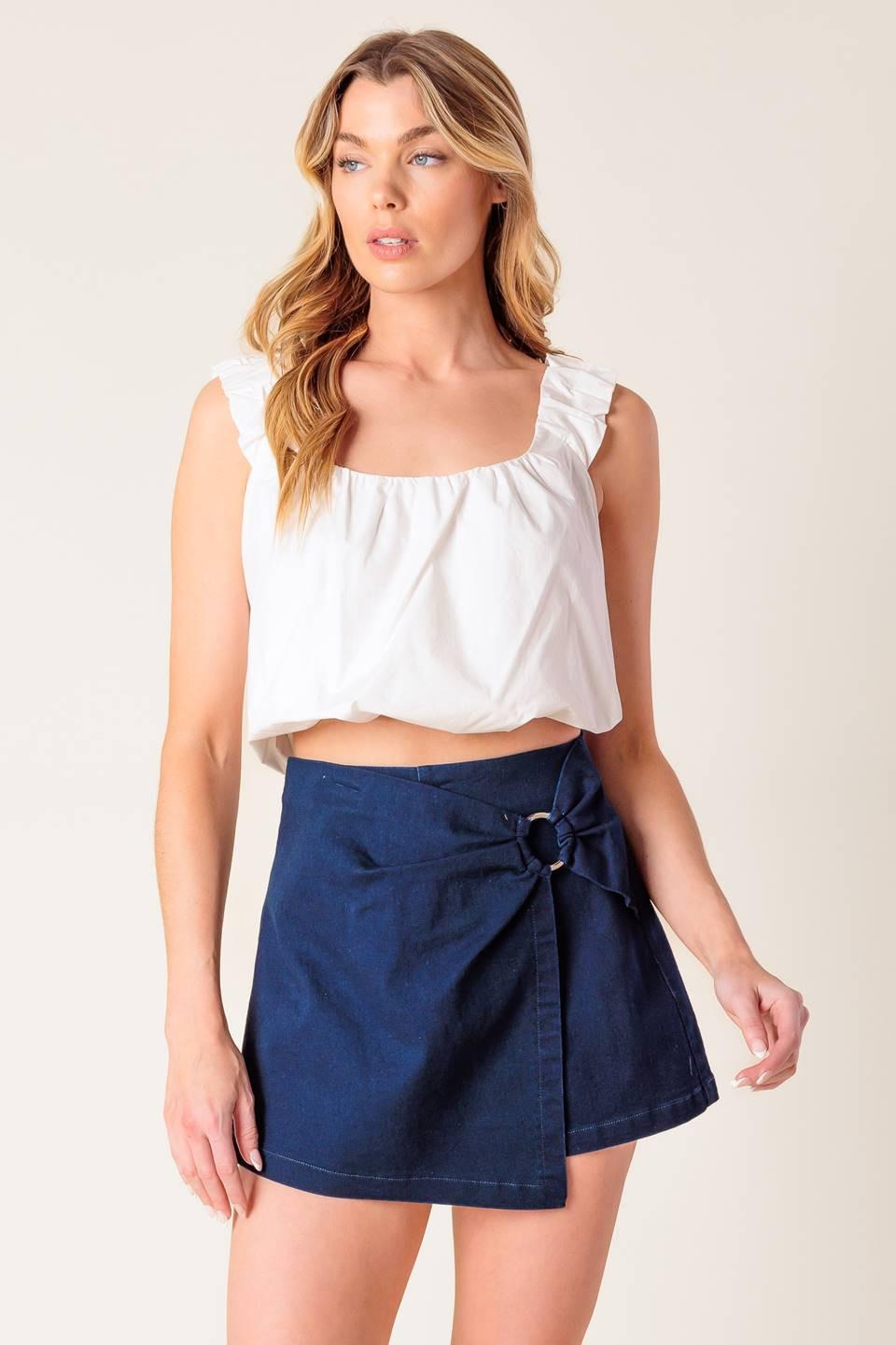 Taking Time Off Denim Woven Skort in medium indigo, view 1 — Soul Flow Apparel
