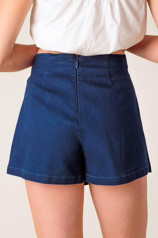 Taking Time Off Denim Woven Skort in medium indigo, view 5 — Soul Flow Apparel