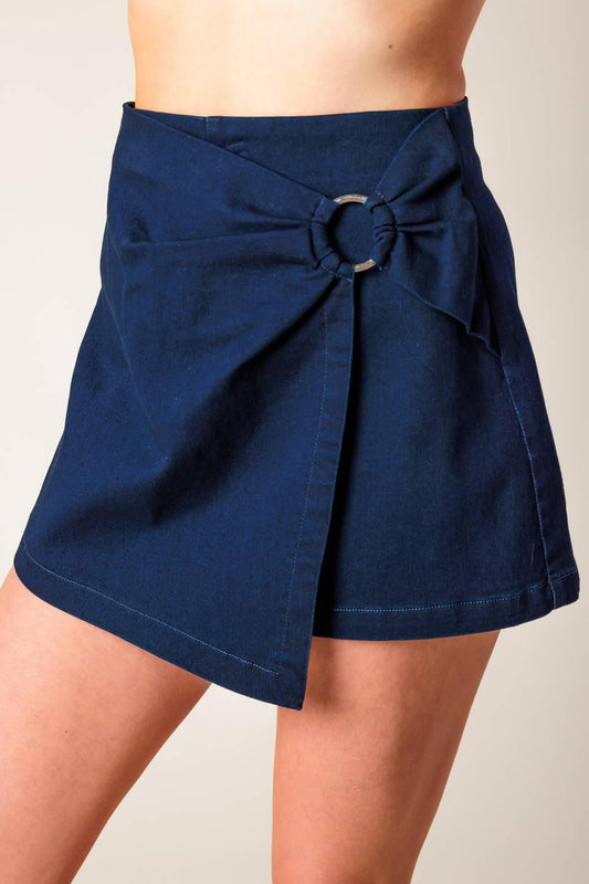 Taking Time Off Denim Woven Skort in medium indigo, view 6 — Soul Flow Apparel