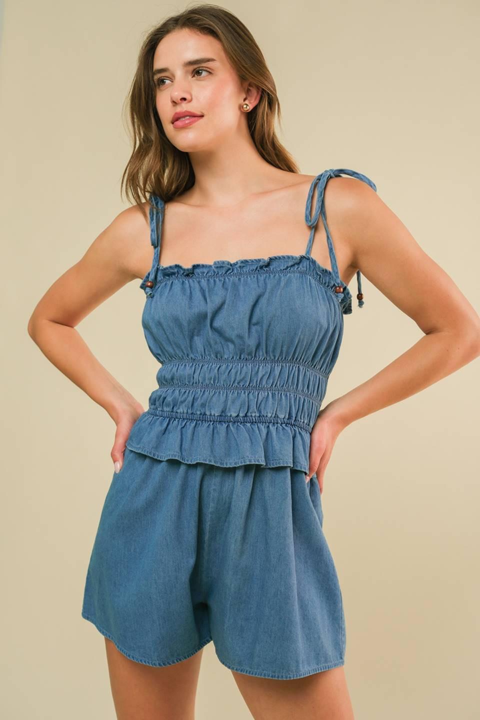 Thriving All Night Denim Romper in light indigo, view 1 — Soul Flow Apparel