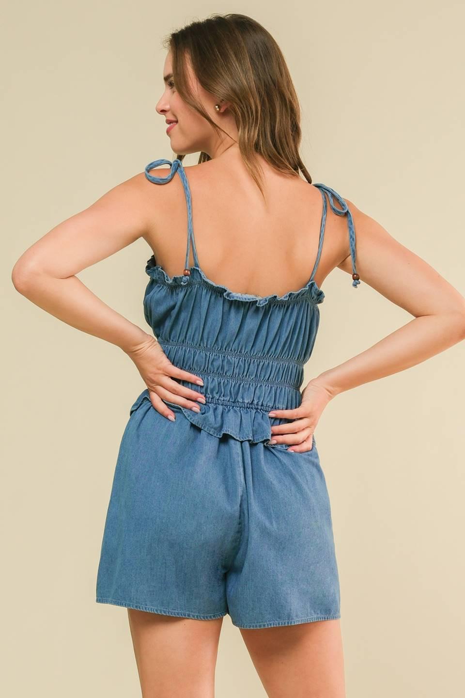 Thriving All Night Denim Romper in light indigo, view 2 — Soul Flow Apparel