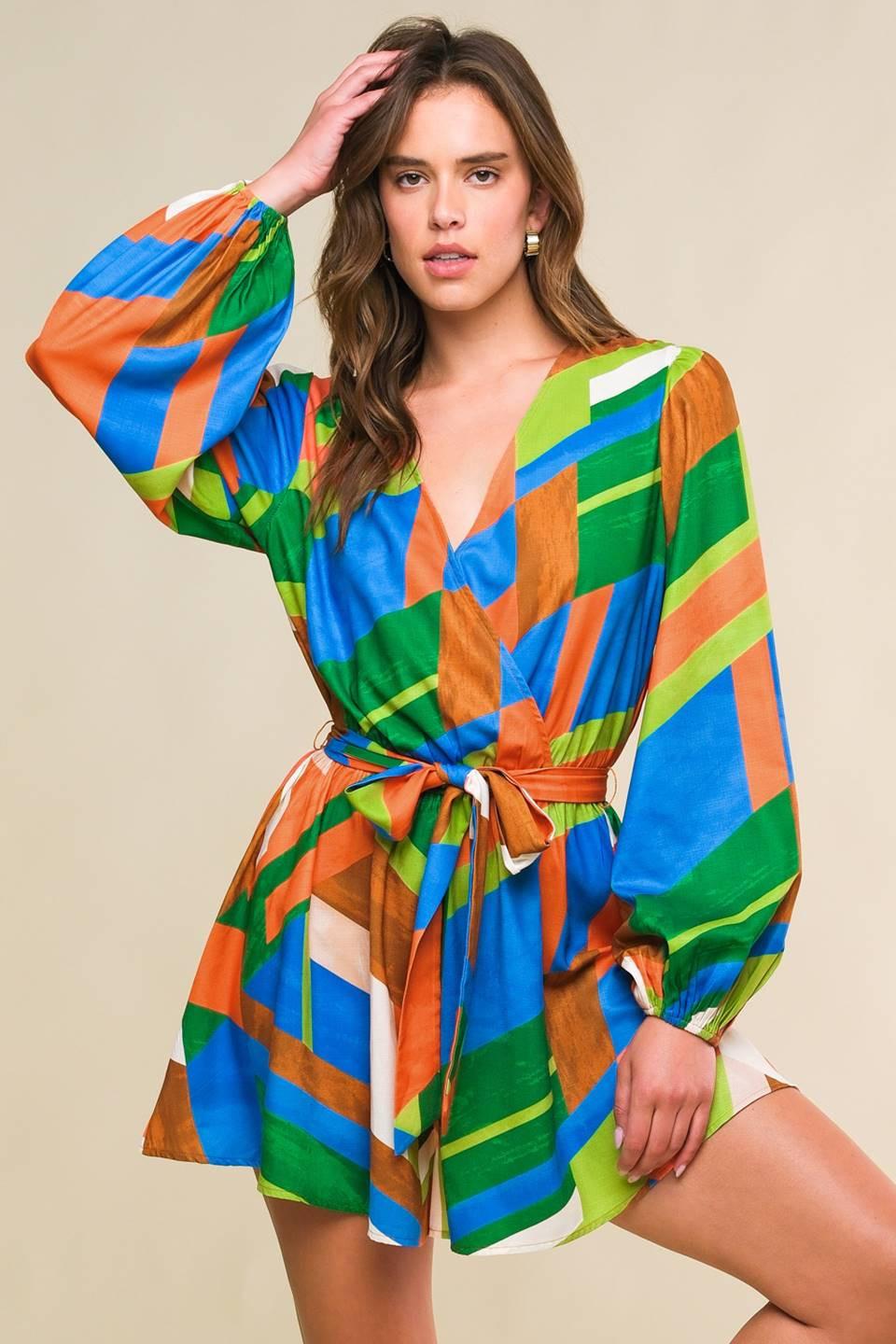 This Is Your Sign Woven Romper in orange green, view 1 — Soul Flow Apparel