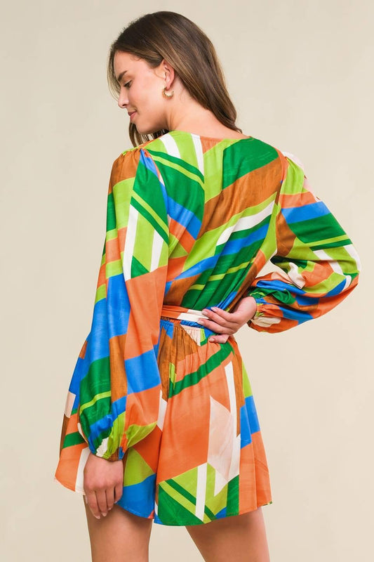 This Is Your Sign Woven Romper in orange green, view 2 — Soul Flow Apparel