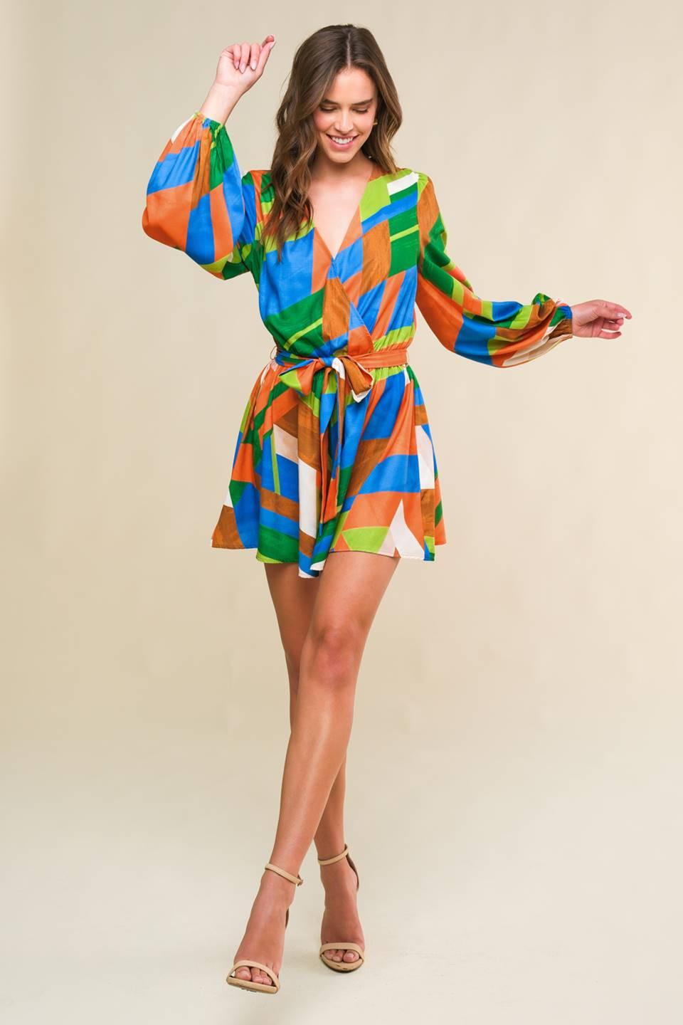 This Is Your Sign Woven Romper in orange green, view 3 — Soul Flow Apparel