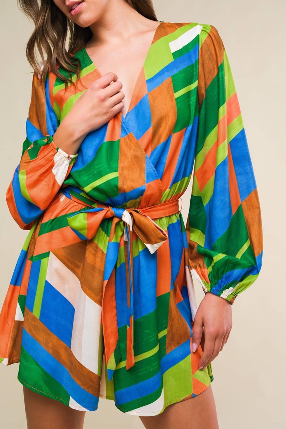 This Is Your Sign Woven Romper in orange green, view 4 — Soul Flow Apparel