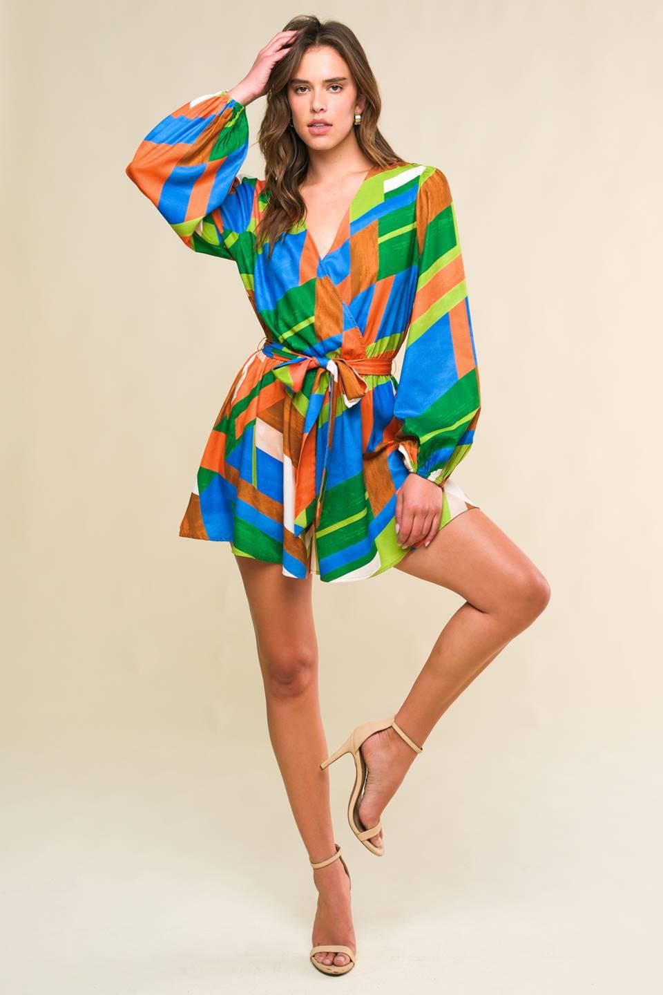This Is Your Sign Woven Romper in orange green, view 5 — Soul Flow Apparel