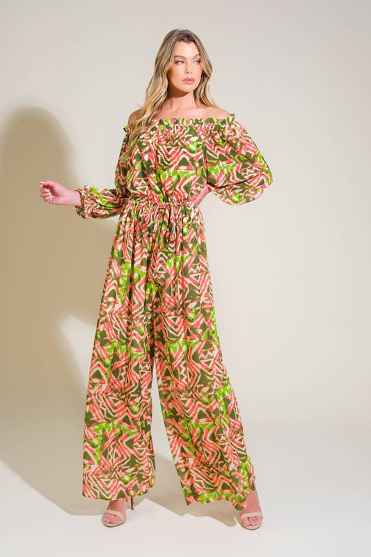 Moments of Joy Woven Jumpsuit in olive coral, view 3 — Soul Flow Apparel