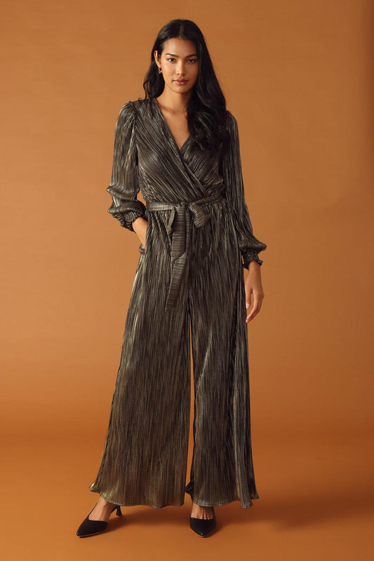 Moments of Clarity Woven Jumpsuit in black gold, view 1 — Soul Flow Apparel