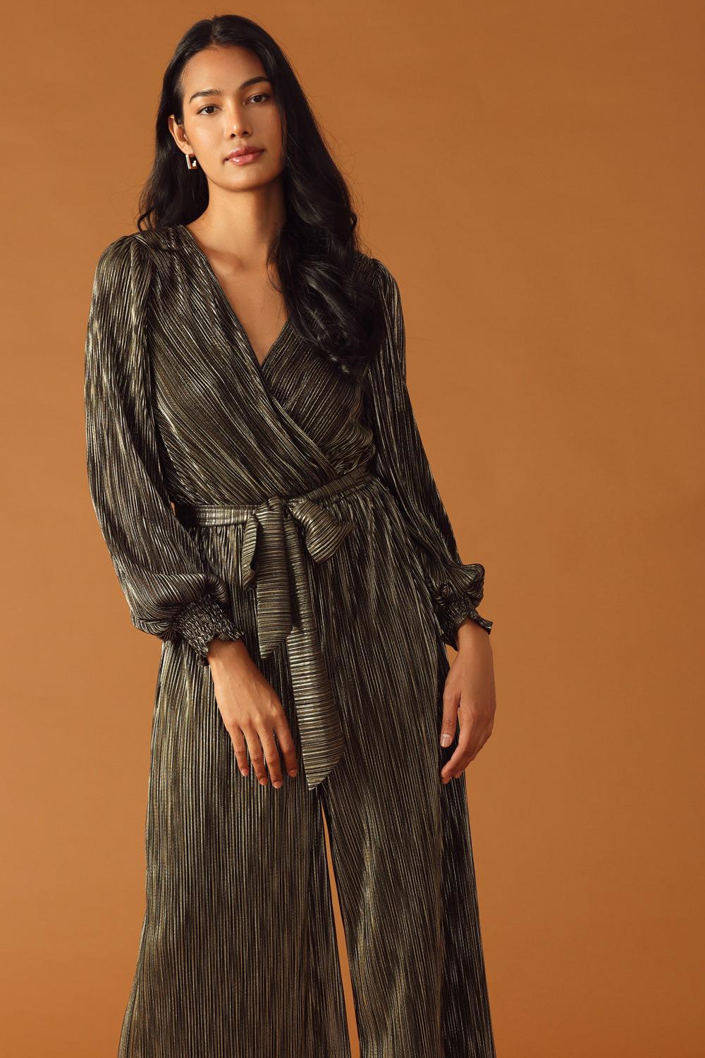 Moments of Clarity Woven Jumpsuit in black gold, view 3 — Soul Flow Apparel