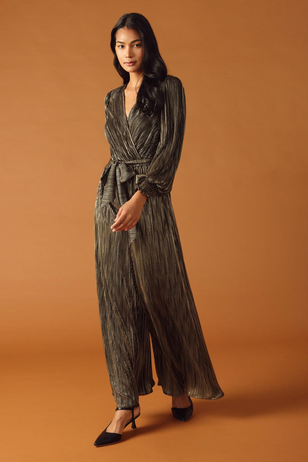 Moments of Clarity Woven Jumpsuit in black gold, view 4 — Soul Flow Apparel