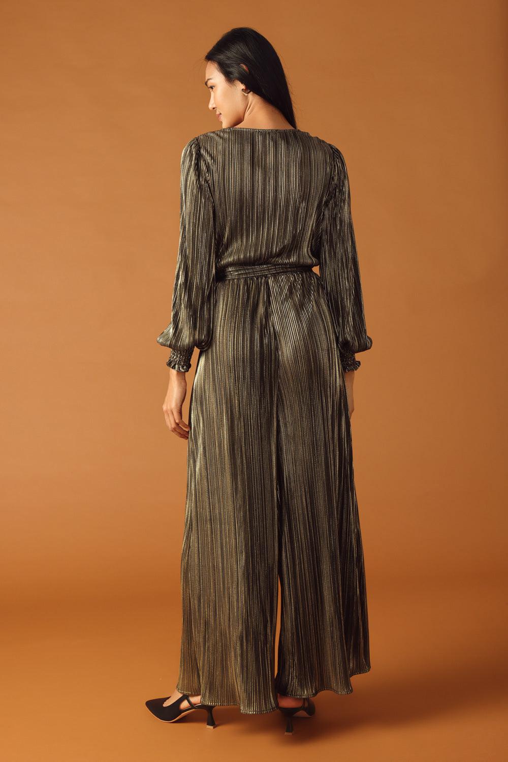 Moments of Clarity Woven Jumpsuit in black gold, view 5 — Soul Flow Apparel